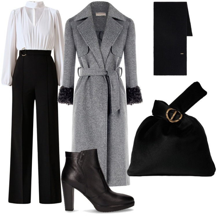 Outfit donna - Party di Laurea. Stile Chic per Serata fuori. Abbinamento con tute, cappotti, sciarpe, borse a mano, stivaletti.