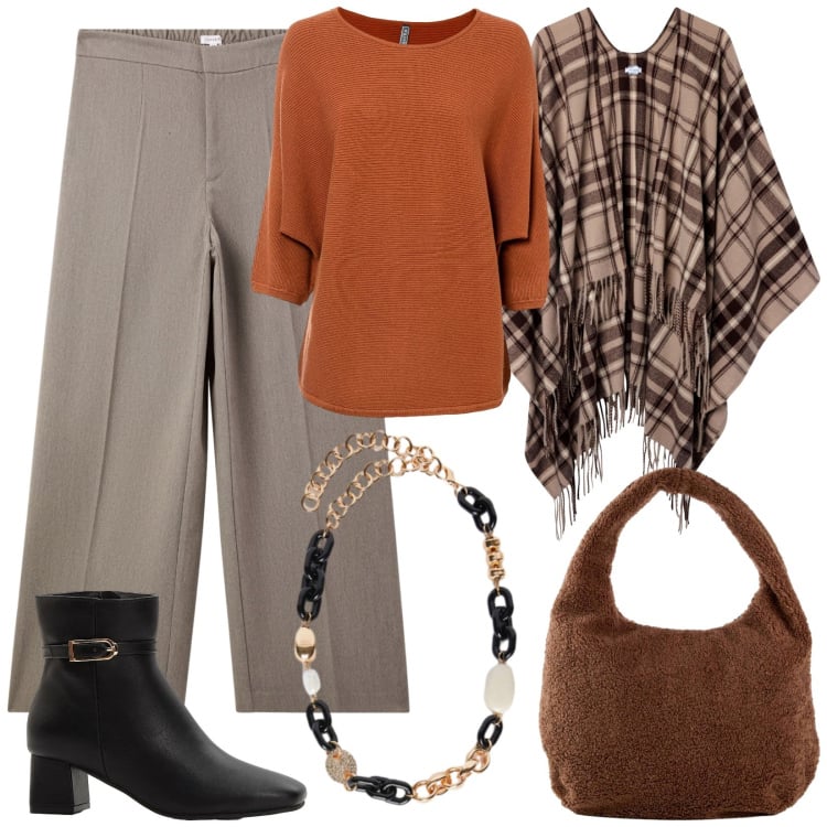 Outfit donna - Comfy autunnale. Stile Basic per Tutti i giorni. Abbinamento con shopping bag, maglieria, stivaletti, pantaloni, cappotti, collane.