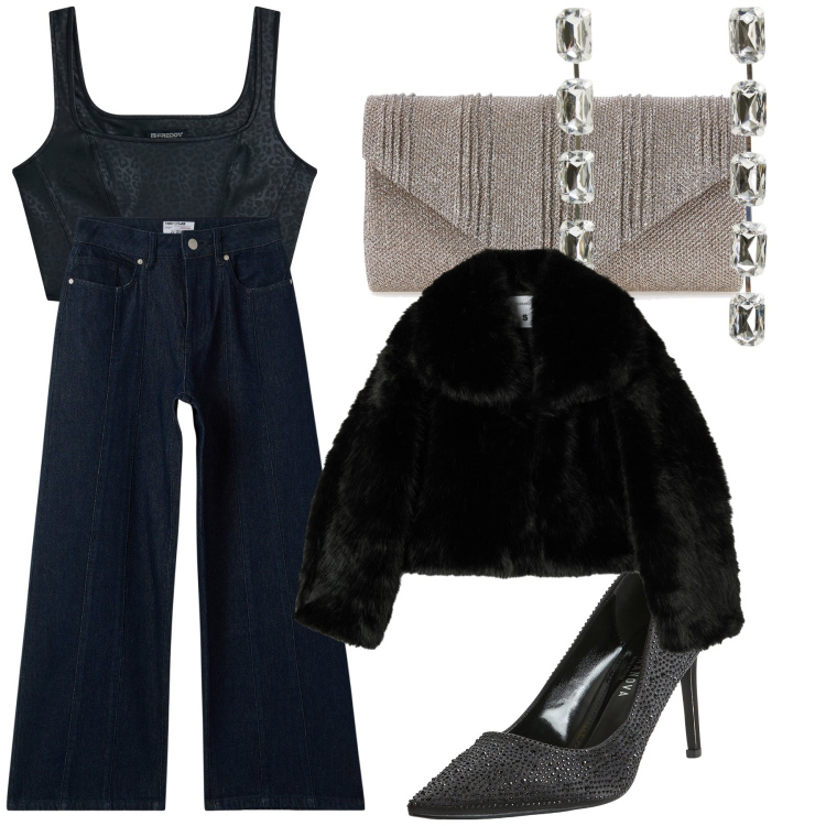 Outfit donna - Aperitivo della domenica sera. Stile Glamour per Serata fuori. Abbinamento con décolleté, orecchini, jeans, blazer, top, clutch.