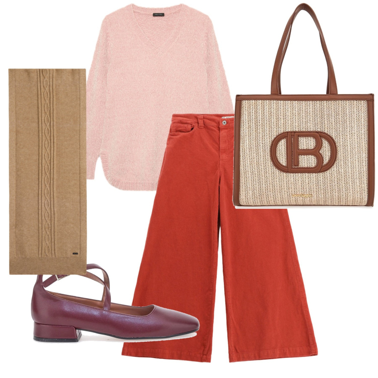 Outfit donna - Rosa e rosso. Stile Trendy per Tutti i giorni. Abbinamento con pantaloni, sciarpe, borse a spalla, ballerine, maglieria.