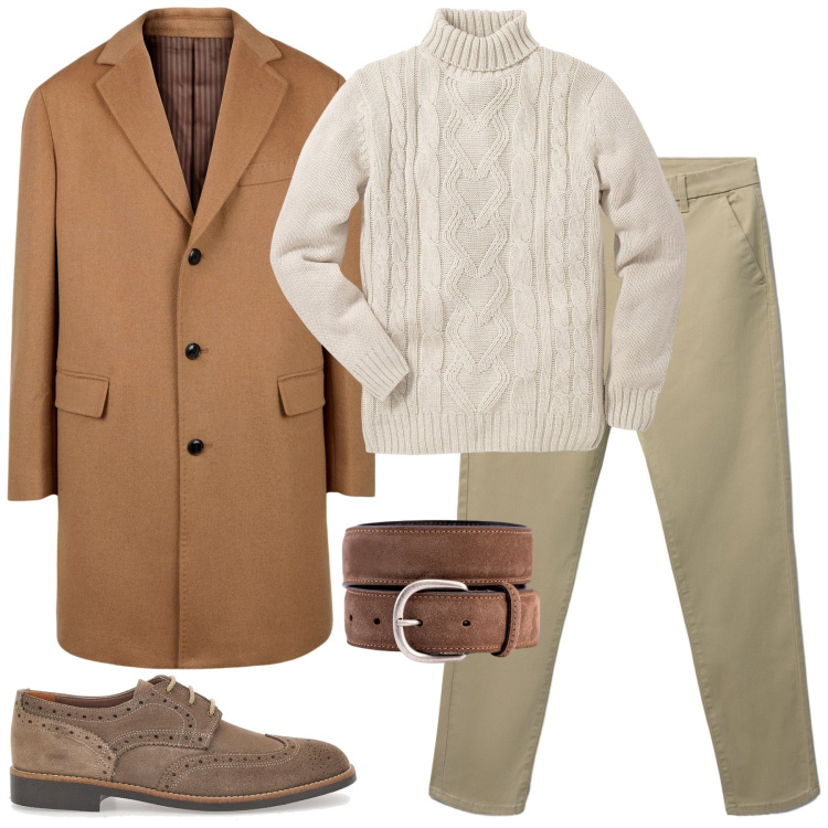 Outfit uomo - A pranzo con colleghi di lavoro. Stile Casual per Tutti i giorni. Abbinamento con maglieria, pantaloni chino, scarpe stringate, cinture, cappotti.