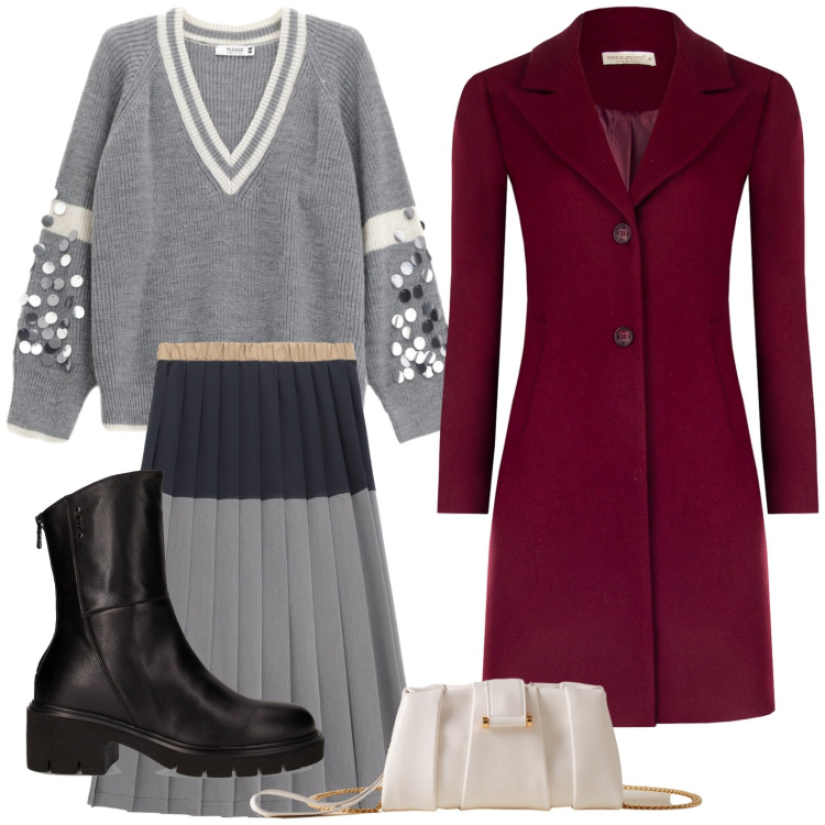 Outfit donna - Dettagli paiettes. Stile Minimal per Tutti i giorni. Abbinamento con cappotti, maglieria, gonne longuette, pochette, stivaletti.