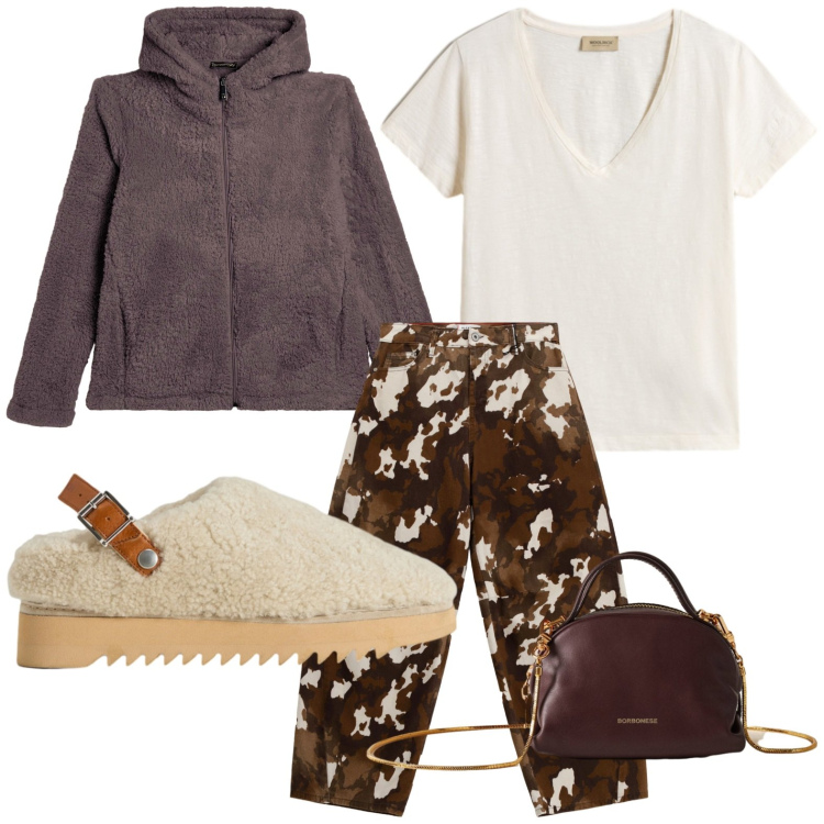 Outfit donna - Il pantalone ampio. Stile Military per Tutti i giorni. Abbinamento con pantaloni a palazzo, sabot, t-shirt, felpe con cappuccio, borse a mano.