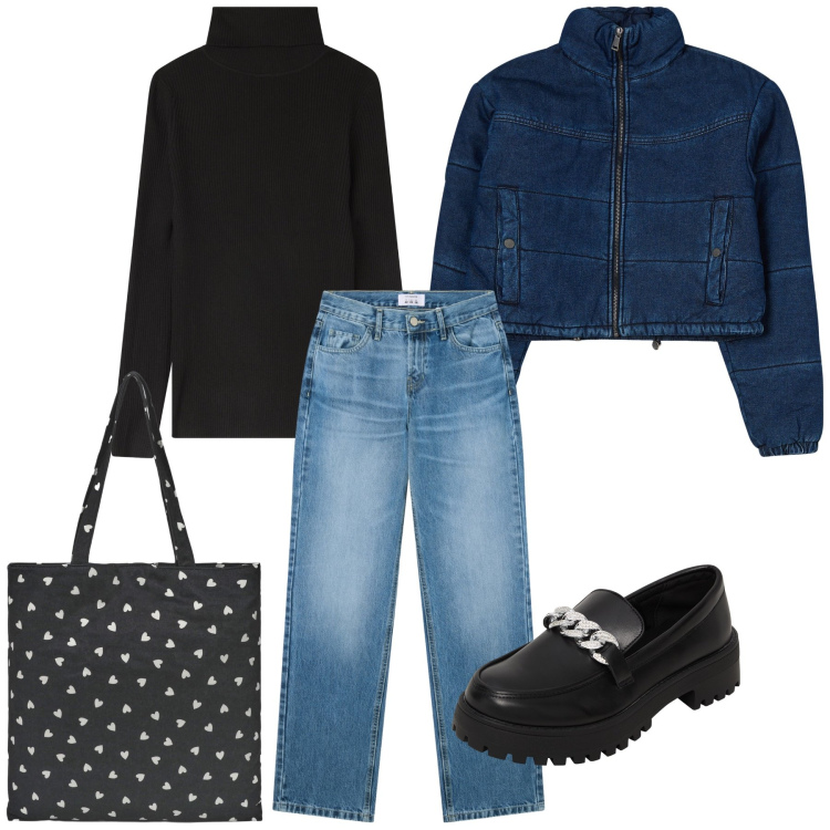 Outfit donna - Terranova Sunday. Stile Basic per Tutti i giorni. Abbinamento con mocassini, blazer, borse tote, jeans dritti, maglieria.