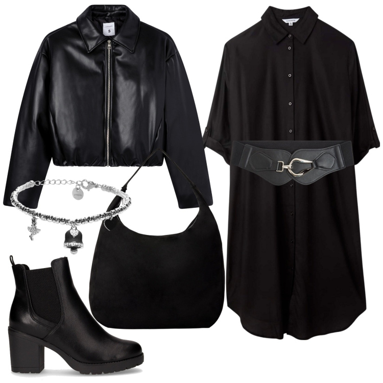 Outfit donna - Black & Black. Stile Rock per Serata fuori. Abbinamento con borse a mano, vestiti chemisier, cinture, giacche, braccialetti, stivaletti chelsea.