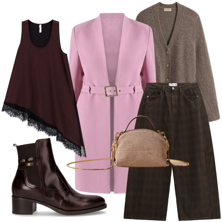 Outfit donna - Il cappotto con la fibbia. Stile Minimal per Ufficio. Abbinamento con trench, pantaloni, cardigans, top, borse a mano, stivaletti.