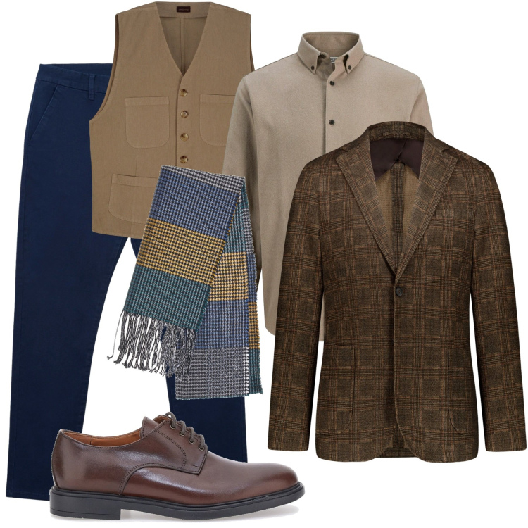 Outfit uomo - Con stile in città. Stile Casual per Tutti i giorni. Abbinamento con camicie, pantaloni chino, giacche, sciarpe, gilet, scarpe stringate.