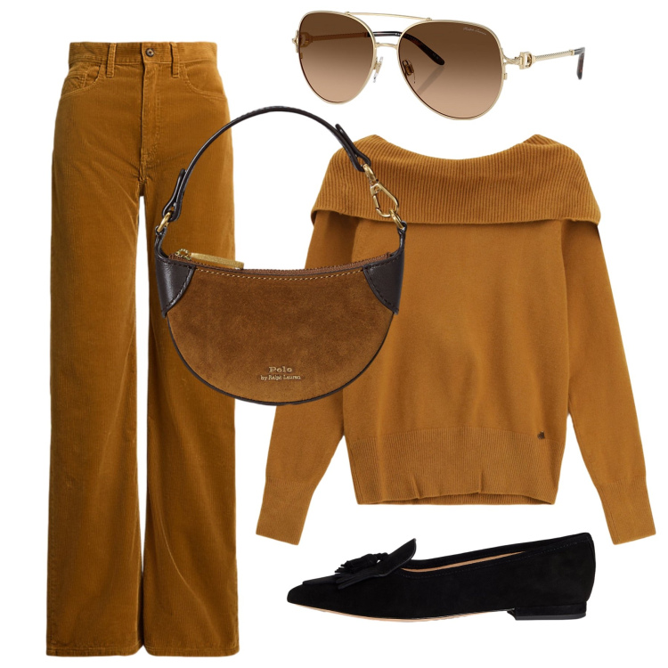 Outfit donna - Caramello bon ton. Stile Casual chic per Tutti i giorni. Abbinamento con maglieria, occhiali da sole, pantaloni, portafogli, ballerine.