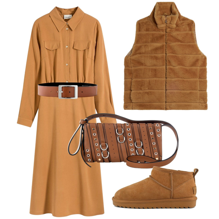 Outfit donna - L\'abito dell\'autunno. Stile Trendy per Tutti i giorni. Abbinamento con cinture, vestiti, borse a spalla, gilet, stivali.