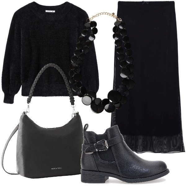Outfit donna - Total Black Mood Autunno. Stile Casual chic per Tutti i giorni. Abbinamento con borse a mano, gonne lunghe, maglieria, stivaletti, collane.