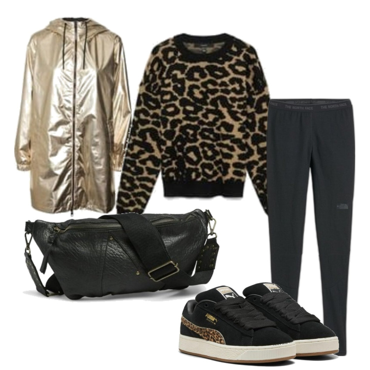 Outfit mujer - Sporty chic #3582. Estilo Sporty chic para Todos los días. Combinación con trench, leggings, sneakers, riñoneras, prendas de punto.