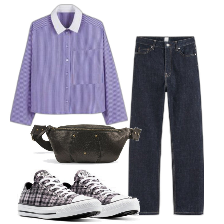 Outfit mujer - Casual #12386. Estilo Casual para Todos los días. Combinación con vaqueros rectos, camisas, sneakers, riñoneras.