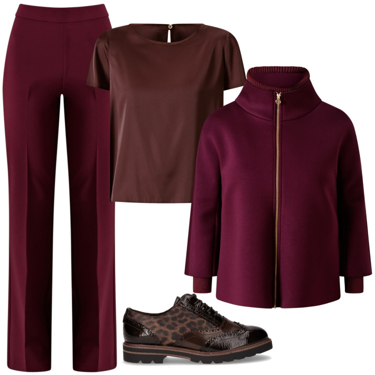 Outfit donna - Il mio look trendy della domenica. Stile Chic per Tutti i giorni. Abbinamento con pantaloni a palazzo, bluse, cappe, scarpe stringate.