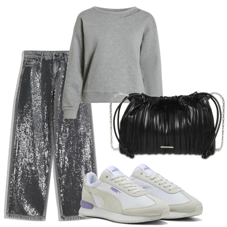 Outfit mujer - Trendy look. Estilo Trendy para Todos los días. Combinación con sneakers, bolsos de mano, sudaderas, pantalones.