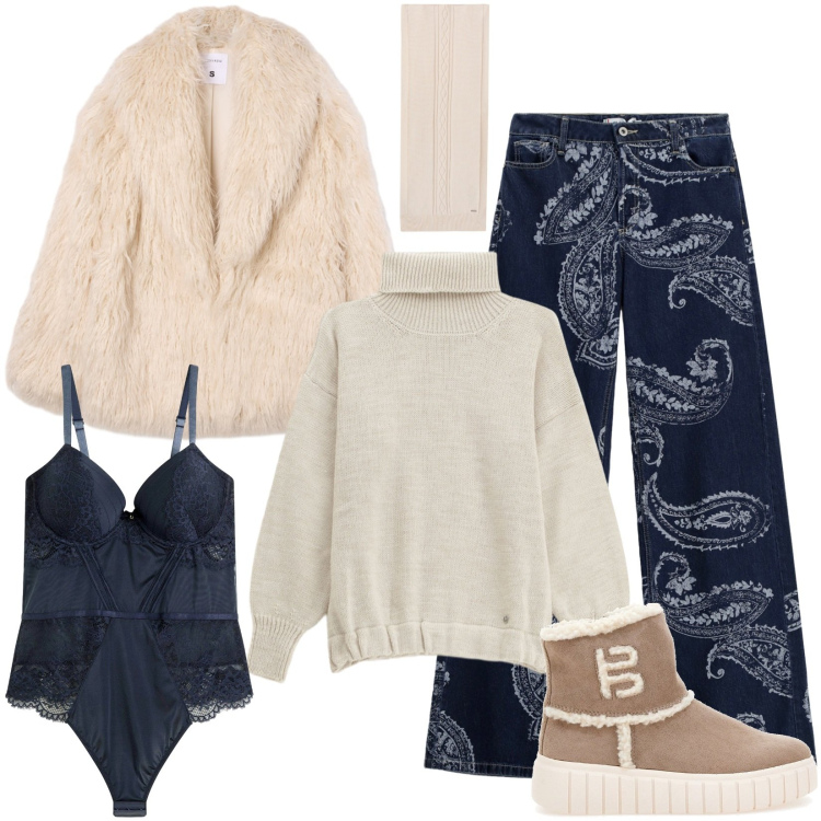 Outfit donna - Un capo basic può diventare protagonista. Stile Urban per Tutti i giorni. Abbinamento con body, maglieria, jeans, ecopellicce, sciarpe, stivaletti.