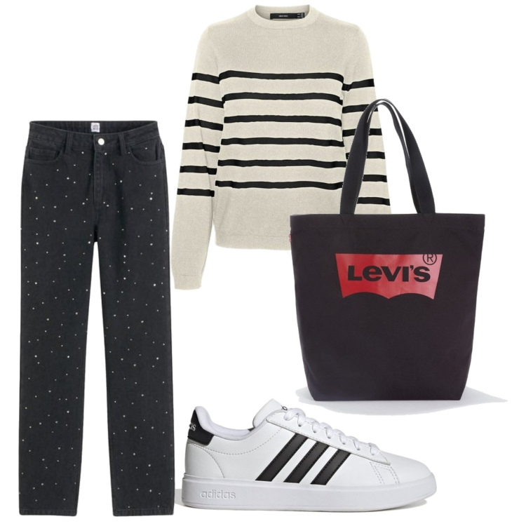 Outfit mujer - Urban look. Estilo Urban para Todos los días. Combinación con bolso tote, sneakers, prendas de punto, vaqueros rectos.
