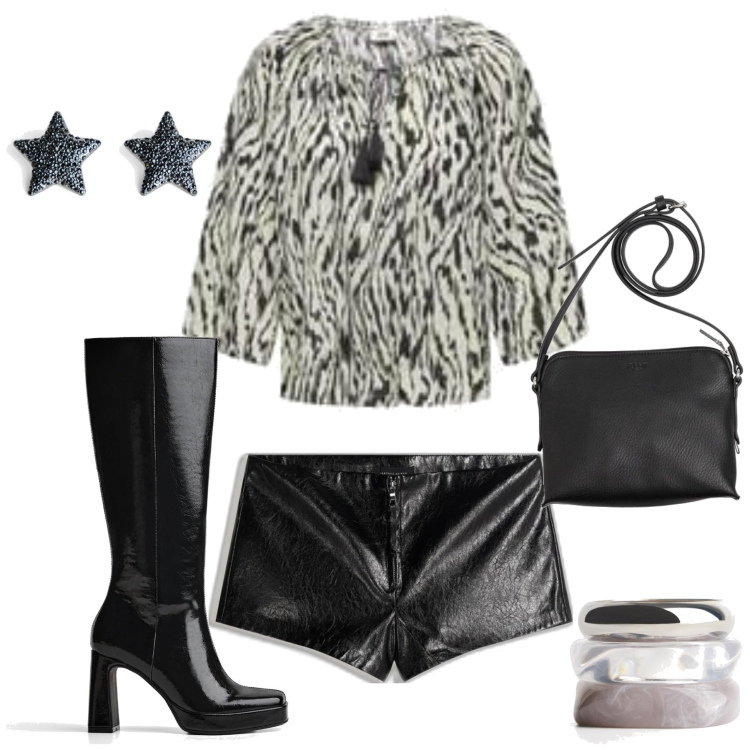 Outfit mujer - Chic #11930. Estilo Chic para Noche/Fiesta elegante. Combinación con bolsos saco, pulseras, blusas, shorts, botas, pendientes.