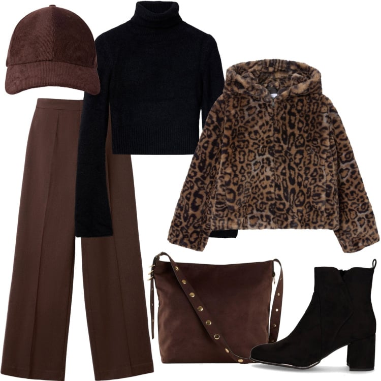 Outfit donna - Il look della domenica. Stile Trendy per Tutti i giorni. Abbinamento con shopping bag, ecopellicce, maglieria, cappelli con visiera, pantaloni, stivaletti.