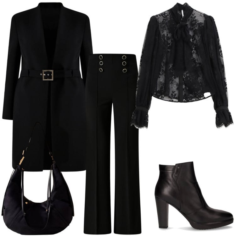 Outfit donna - Appuntamento con lui. Stile Chic per Serata fuori. Abbinamento con pantaloni, trench, camicie, borse a spalla, stivaletti.