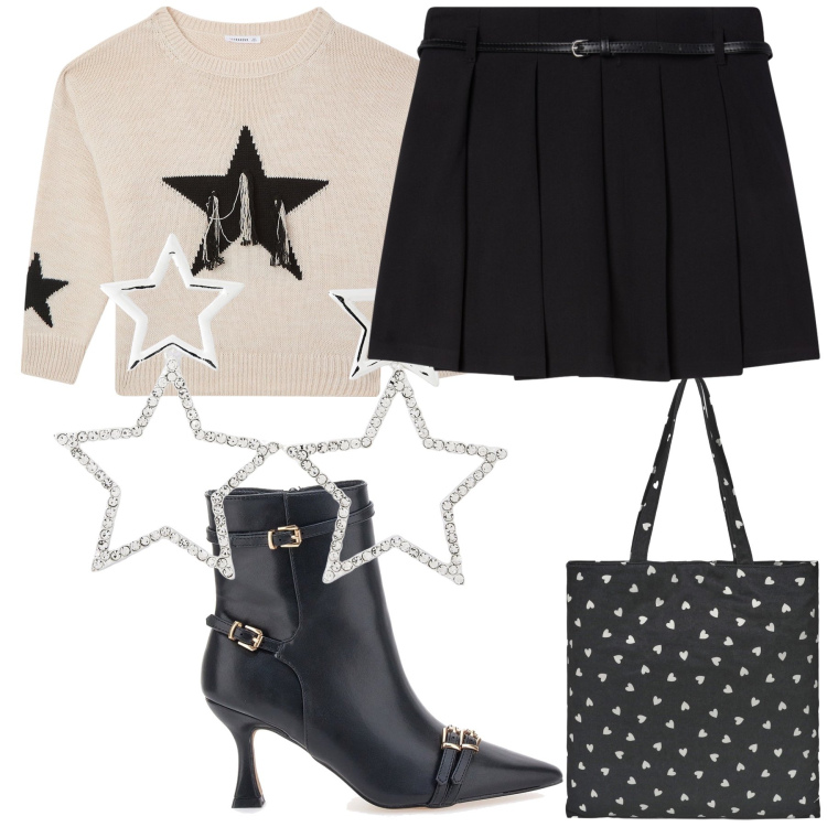 Outfit donna - Stelline e cuoricini. Stile Glamour per Ufficio. Abbinamento con maglieria, orecchini, borse tote, minigonne, stivaletti.