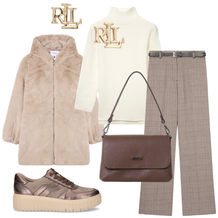 Outfit donna - Comfy autunnale. Stile Casual per Tutti i giorni. Abbinamento con cappotti, pantaloni, maglieria, borse a tracolla, orecchini, sneakers.
