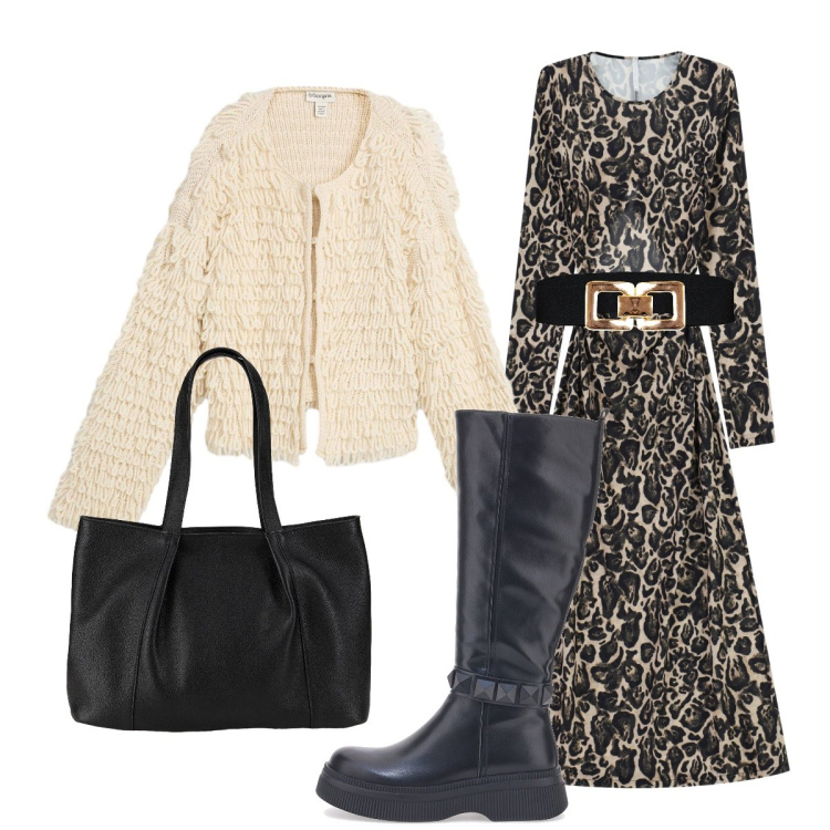 Outfit donna - A cena con gli amici. Stile Chic per Serata fuori. Abbinamento con shopping bag, cardigans, cinture, vestiti lunghi, stivali sopra il ginocchio.