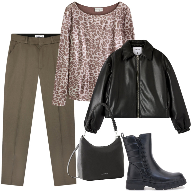 Outfit donna - Total look #2278324. Stile Casual per Ufficio. Abbinamento con borse a mano, maglieria, pantaloni chino, bomber, stivaletti.