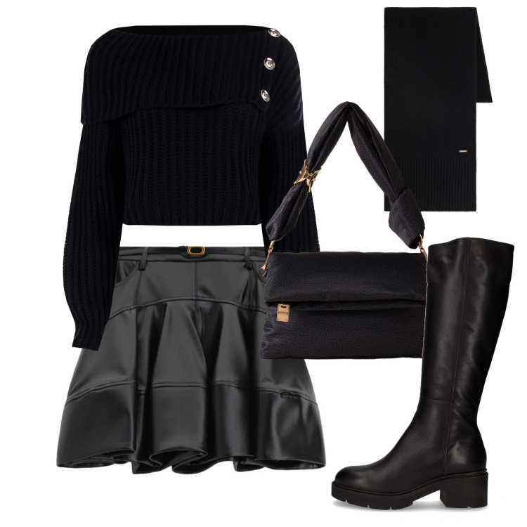 Outfit donna - Total Black Mood. Stile Chic per Serata fuori. Abbinamento con maglieria, sciarpe, minigonne, borse a tracolla, stivali.