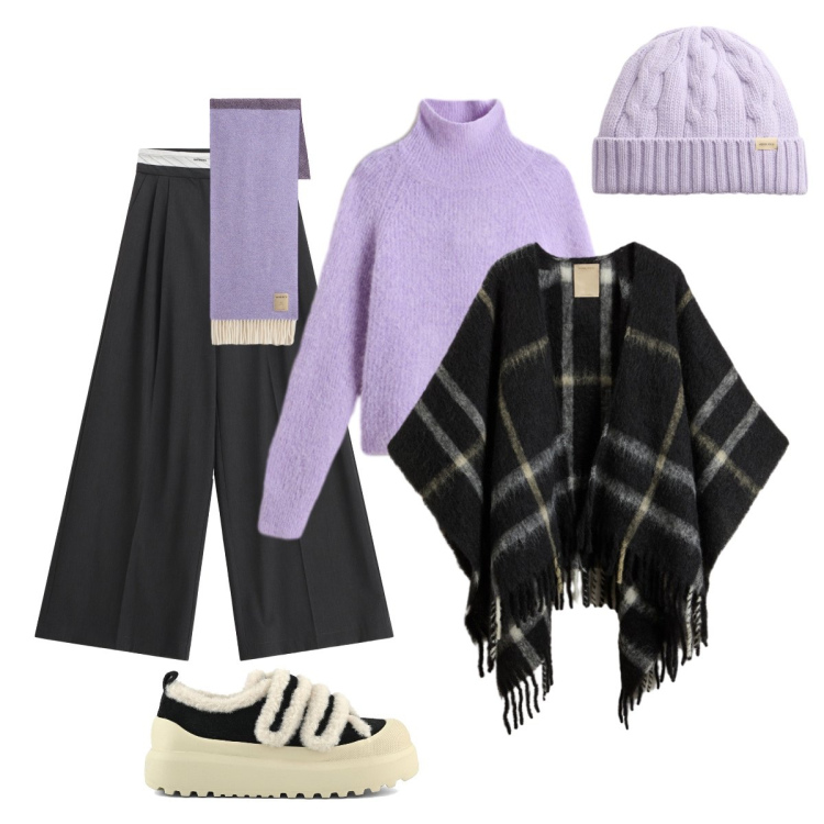 Outfit donna - La calda mantella. Stile Minimal per Tutti i giorni. Abbinamento con berretti, cappe, sciarpe, maglieria, pantaloni a palazzo, sneakers.