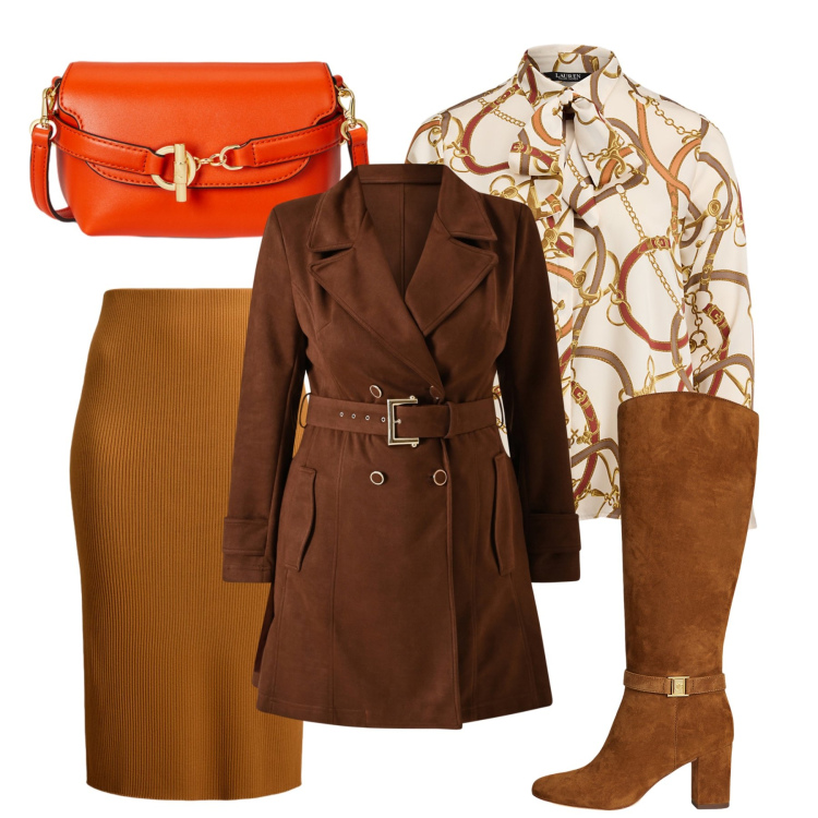 Outfit donna - Caramello e fibbie. Stile Casual chic per Ufficio. Abbinamento con trench, gonne, stivali, camicie, borse a tracolla.