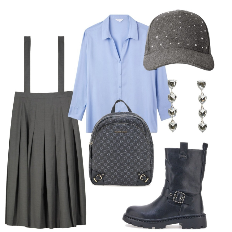 Outfit donna - Giornata di lavoro. Stile Urban per Ufficio. Abbinamento con orecchini, camicie, cappelli con visiera, stivaletti, gonne lunghe, zaini.