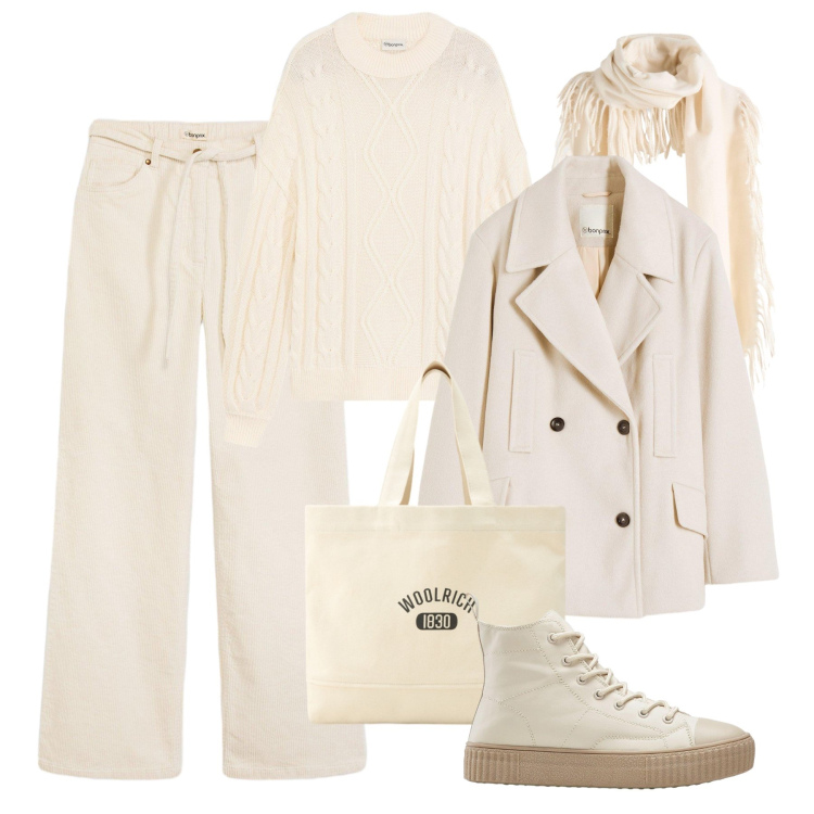 Outfit donna - Sfumature di bianco. Stile Trendy per Tutti i giorni. Abbinamento con caban, maglieria, sneakers alte, sciarpe, pantaloni, borse tote.