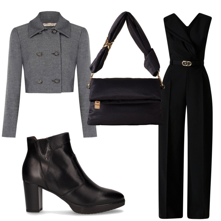 Outfit donna - Total black con dettagli argento. Stile Glamour per Serata fuori. Abbinamento con blazer, vestiti chemisier, borse a tracolla, stivaletti.