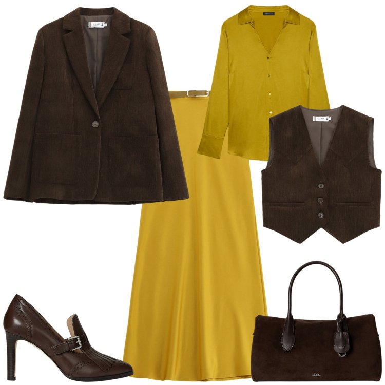 Outfit donna - Total look #2278377. Stile Casual chic per Tutti i giorni. Abbinamento con blazer, gilet, gonne lunghe, borse a mano, décolleté, camicie.