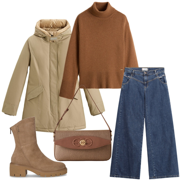 Outfit donna - Total look #2278394. Stile Urban per Tutti i giorni. Abbinamento con jeans, parka, maglieria, borse a spalla, stivaletti.