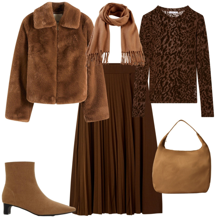 Outfit donna - Total look #2278395. Stile Chic per Tutti i giorni. Abbinamento con sciarpe, ecopellicce, stivaletti, t-shirt, borse a mano, gonne lunghe.