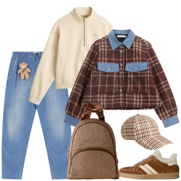 Outfit donna - Quadretti e jeans. Stile Casual per Scuola/Università. Abbinamento con jeans, blazer, sneakers, cappelli, felpe, zaini.