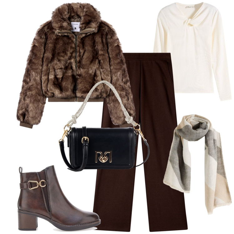 Outfit donna - City. Stile Urban per Tutti i giorni. Abbinamento con bluse, foulard, pantaloni, ecopellicce, borse a mano, stivaletti.