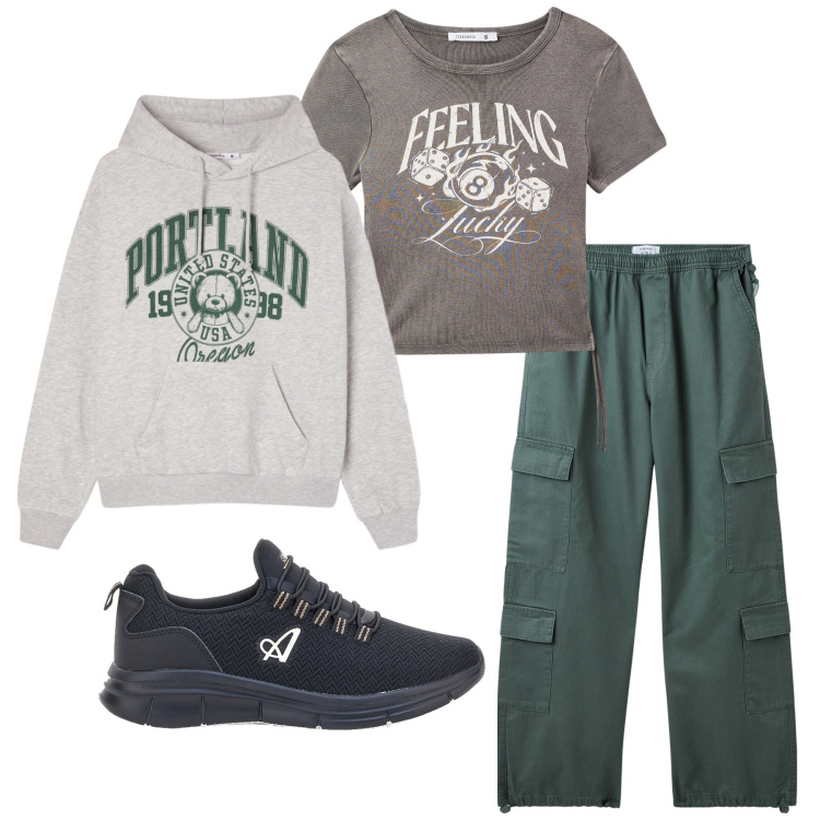 Outfit donna - Total look #2278403. Stile Sporty chic per Sport. Abbinamento con pantaloni cargo, t-shirt, felpe con cappuccio, sneakers.