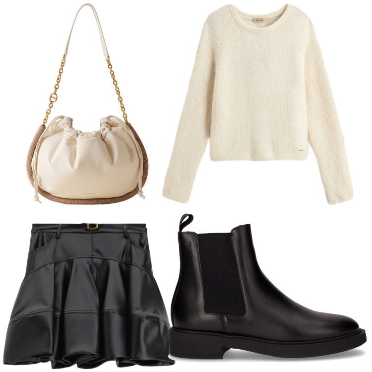 Outfit donna - Minigonna e stivaletti.. Stile Trendy per Tutti i giorni. Abbinamento con maglieria, minigonne, borse a spalla, stivaletti.