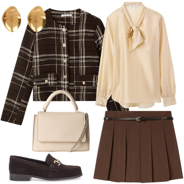 Outfit donna - Mitici anni 60. Stile Vintage retrò per Ufficio. Abbinamento con bluse, borse a tracolla, minigonne, blazer, mocassini, orecchini.