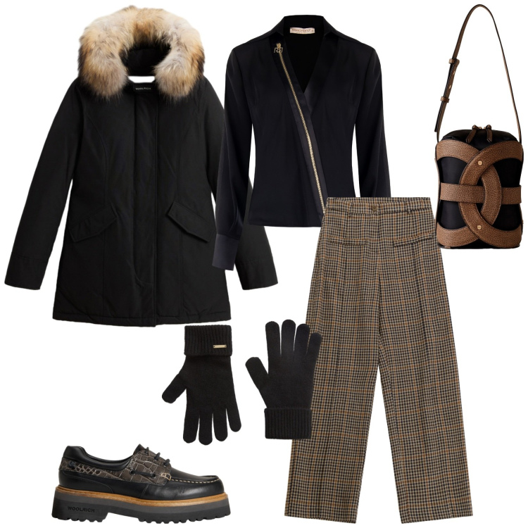 Outfit donna - Total look #2278429. Stile Casual chic per Ufficio. Abbinamento con bluse, pantaloni a palazzo, borse a secchiello, mocassini, parka, guanti.
