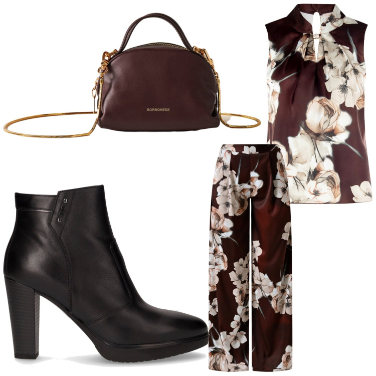 Outfit donna - Completo a fiori. Stile Romantica per Ufficio. Abbinamento con pantaloni a palazzo, top, borse a mano, stivaletti.