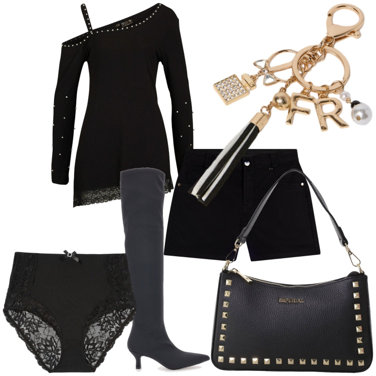 Outfit donna - Decisamente sexy. Stile Sexy per Serata fuori. Abbinamento con maglieria, culotte, pochette, shorts, stivali, portachiavi.
