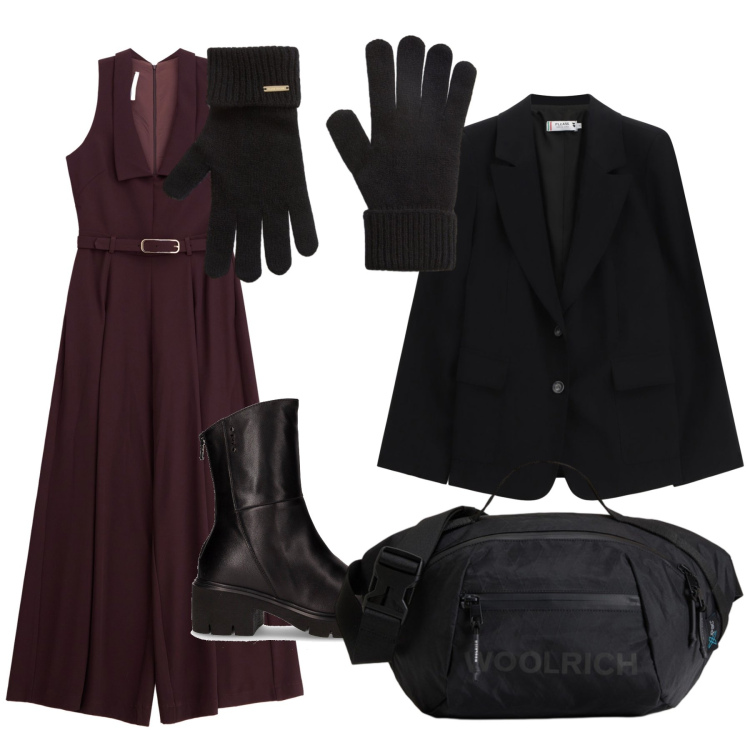Outfit donna - A cena di lavoro. Stile Glamour per Serata fuori. Abbinamento con blazer, borse a tracolla, guanti, tute, stivaletti.