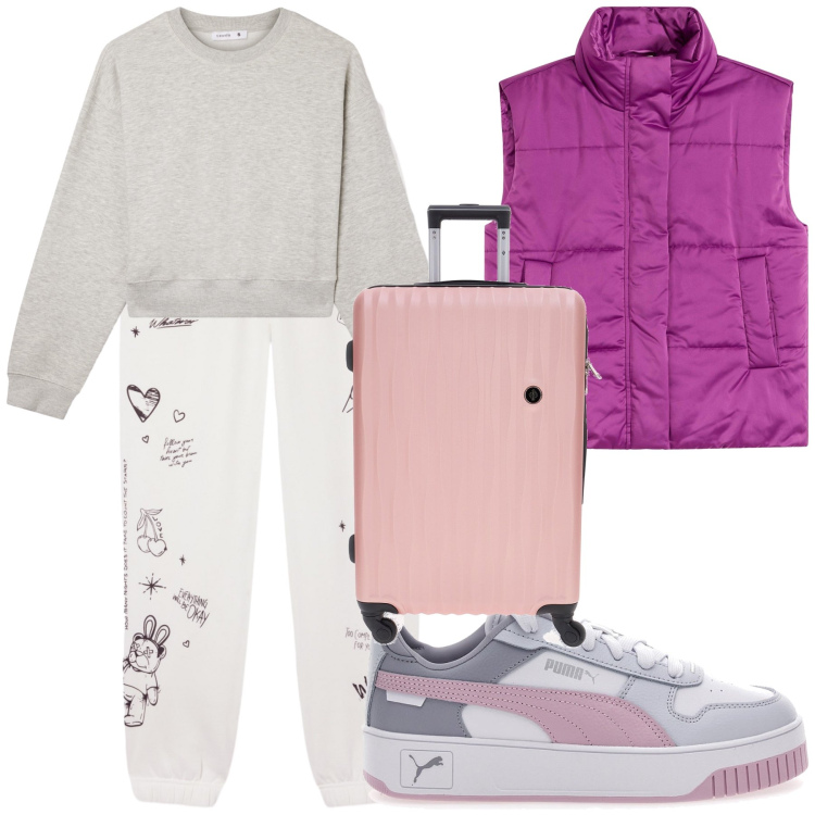Outfit donna - Un gilet e si parte. Stile Casual chic per Tutti i giorni. Abbinamento con piumini, felpe, pantaloni, sneakers, valigie.