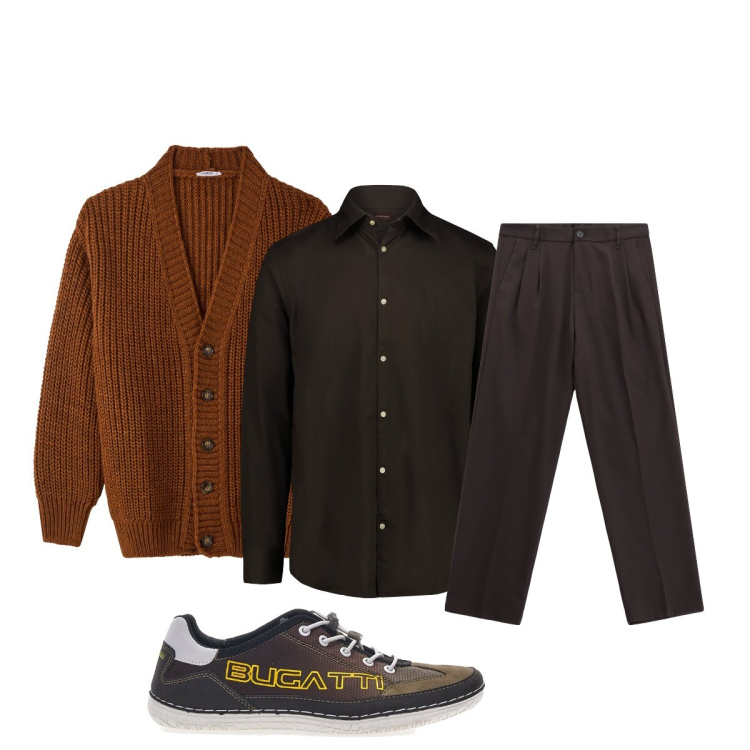 Outfit uomo - Colori d’autunno. Stile Casual per Tutti i giorni. Abbinamento con cardigans, pantaloni, scarpe stringate, camicie.