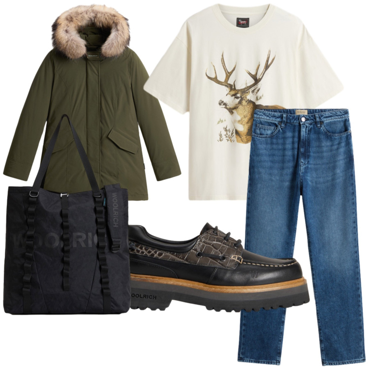 Outfit donna - All Woolrich. Stile Basic per Tutti i giorni. Abbinamento con borse tote, mocassini, t-shirt, parka, jeans.