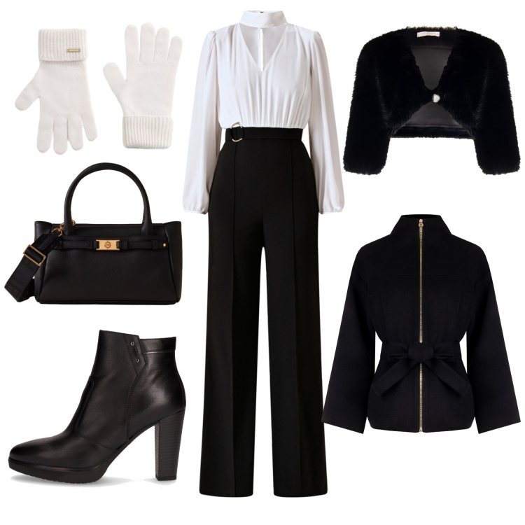 Outfit donna - Total look #2278443. Stile Minimal per Cerimonia. Abbinamento con tute, caban, bolero, guanti, borse a mano, stivaletti.