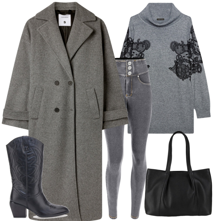 Outfit donna - Total look #2278449. Stile Casual chic per Tutti i giorni. Abbinamento con shopping bag, cappotti, jeans skinny, stivaletti texani, maglieria.